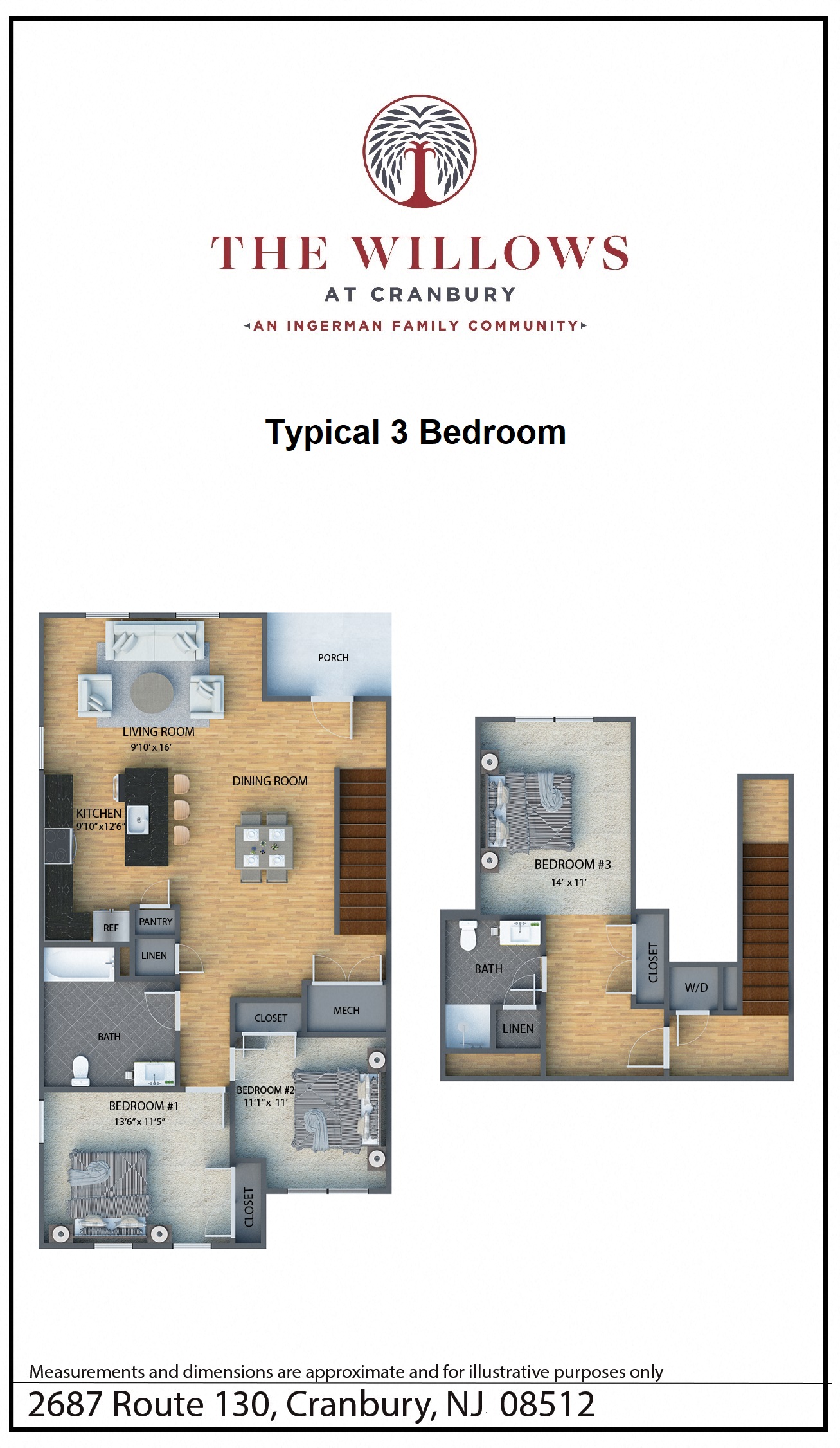 Floor plan for 3 beds, 2 baths, 1382 sqft
